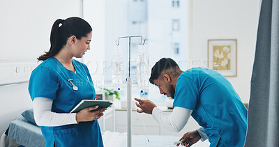 Buy stock photo People, tablet or iv bag in hospital for healthcare, drip treatment or medicine infusion for wellness. Set up, tech or nurses with medical equipment for patient care, antibiotics or electrolytes line