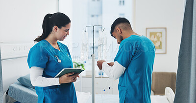 Buy stock photo People, tablet or iv drip in hospital for healthcare, hydration treatment or medicine infusion for wellness. Set up, tech or nurses with medical equipment for patient care, antibiotics or fluid line