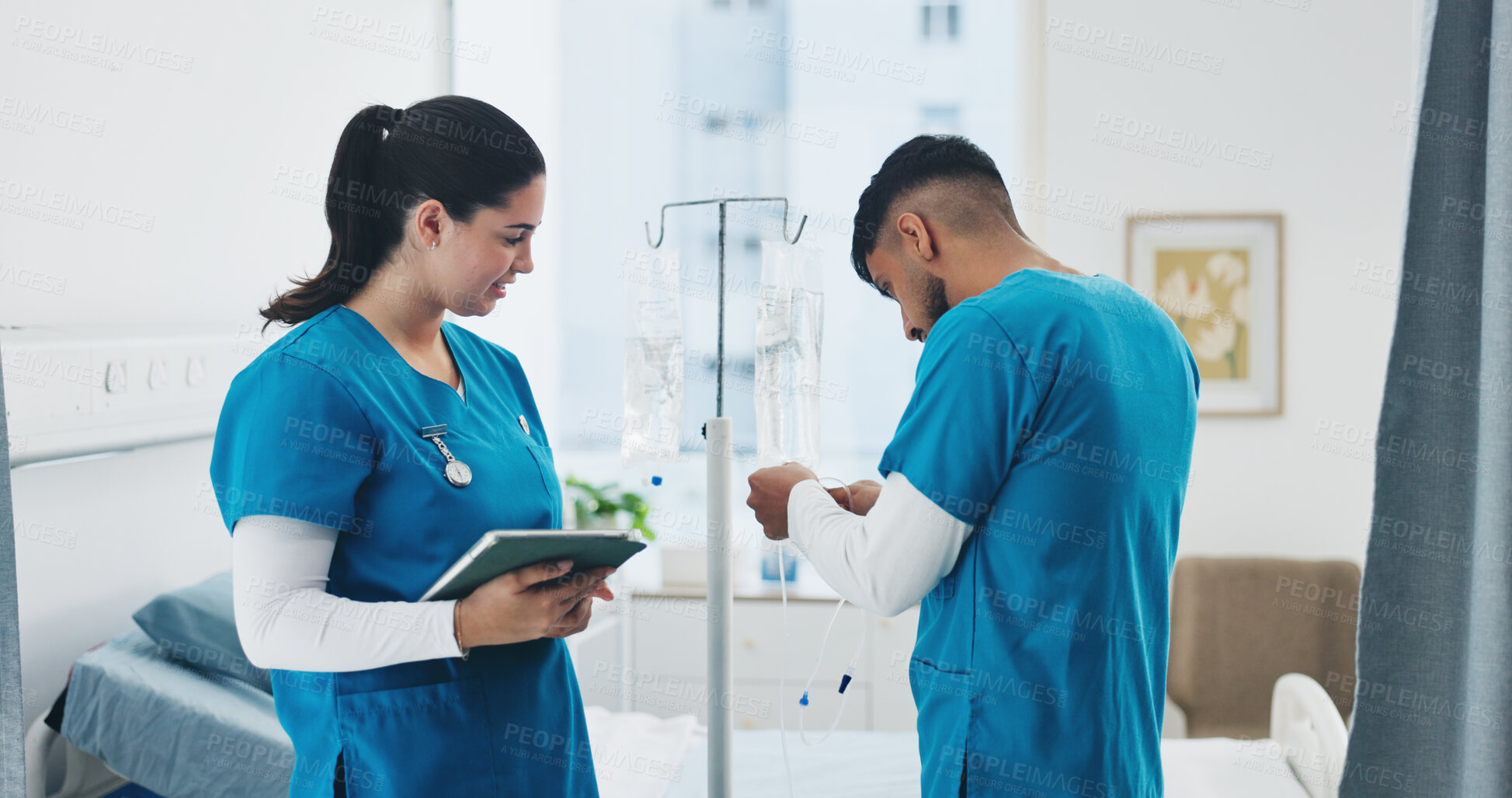 Buy stock photo People, tablet or iv drip in hospital for healthcare, hydration treatment or medicine infusion for wellness. Set up, tech or nurses with medical equipment for patient care, antibiotics or fluid line