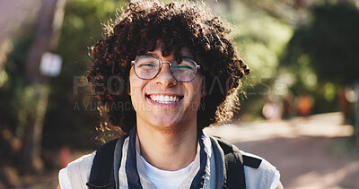 Buy stock photo Hiking, portrait and smile of man in forest or woods for backpacking, fitness or trekking activity. Adventure, exercise and travel with happy hiker person outdoor on trail in nature for hobby