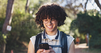 Buy stock photo Hiking, conversation or man in forest with phone, message alert or location share in summer hobby. Trekking, connection or person with tech, notification check or journey update on social media.