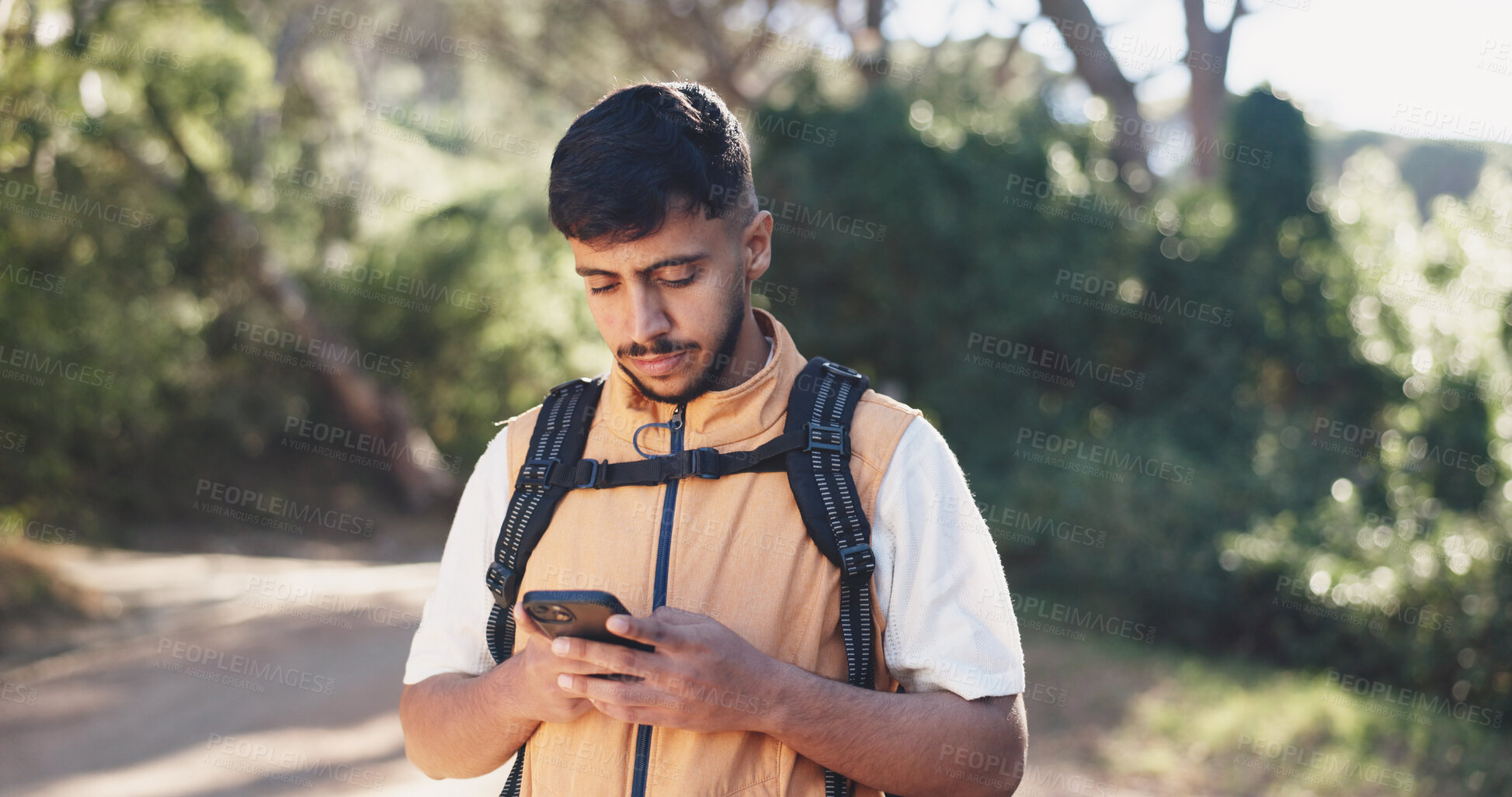Buy stock photo Hike, chat or man in forest with phone, message alert or location share in summer hobby. Trekking, network or male person in nature with tech, notification check or journey update on social media.