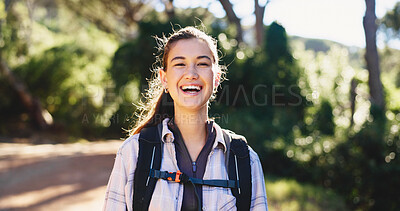 Buy stock photo Hiking, laughing and portrait of woman outdoor in woods for backpacking, fitness or trekking activity. Exercise, hobby and travel with funny hiker person on trail in forest or nature for adventure