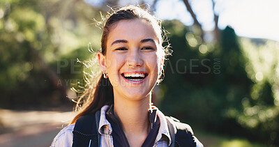 Buy stock photo Funny, hiking and portrait of woman outdoor in woods for backpacking, fitness or trekking activity. Exercise, laughing and travel with happy hiker person on trail in forest or nature for adventure