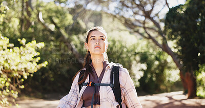 Buy stock photo Thinking, woman and hiking for fitness outdoor for travel, adventure and sightseeing on holiday. Vision, person and backpacking with reflection, trekking view and explore nature on vacation in forest