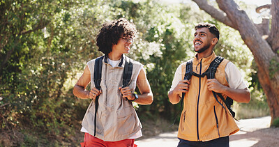 Buy stock photo Conversation, hiking and travel with male friends outdoor in forest for hobby or journey. Backpacking, trekking and walking with hiker men on trail in nature together for adventure or bonding