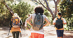 Back, hiking and people with fitness, travel and group activity for health benefits. Walking, friends and hikers in forest, adventure and environment to explore, journey and trekking with exercise