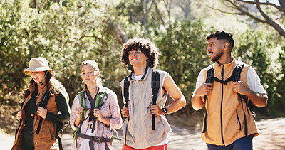 Buy stock photo Conversation, hiking and trekking with group of friends outdoor in forest for hobby or journey. Backpacking, travel and walking with hiker people on trail in nature together for adventure or bonding