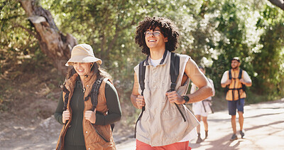 Buy stock photo Hiking, smile and travel with couple of friends outdoor in forest for hobby or journey. Backpack, trekking and walking with group of happy hikers on trail in nature together for adventure or fitness