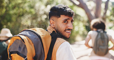 Buy stock photo Hiking, team or man in woods with portrait, bonding together or sightseeing on nature walk. Friendship, bokeh or people in forest with fresh air, trekking journey or adventure for outdoor tourist.