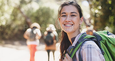 Buy stock photo Hiking, team or woman in woods with portrait, bonding together or sightseeing on nature walk. Group, bokeh or people in forest with fresh air, trekking journey or adventure for outdoor tourist.