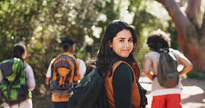 Buy stock photo Hiking, team or woman in forest with portrait, bonding together or sightseeing on nature walk. Bokeh, group of people in woods with fresh air, trekking journey or adventure for outdoor tourist.
