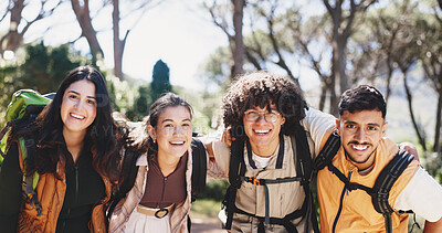 Buy stock photo Portrait, hiking and happy people in forest, fitness and hobby for health benefits. Friends, men and women in woods, training and embrace for support, motivation and wellness with journey and explore