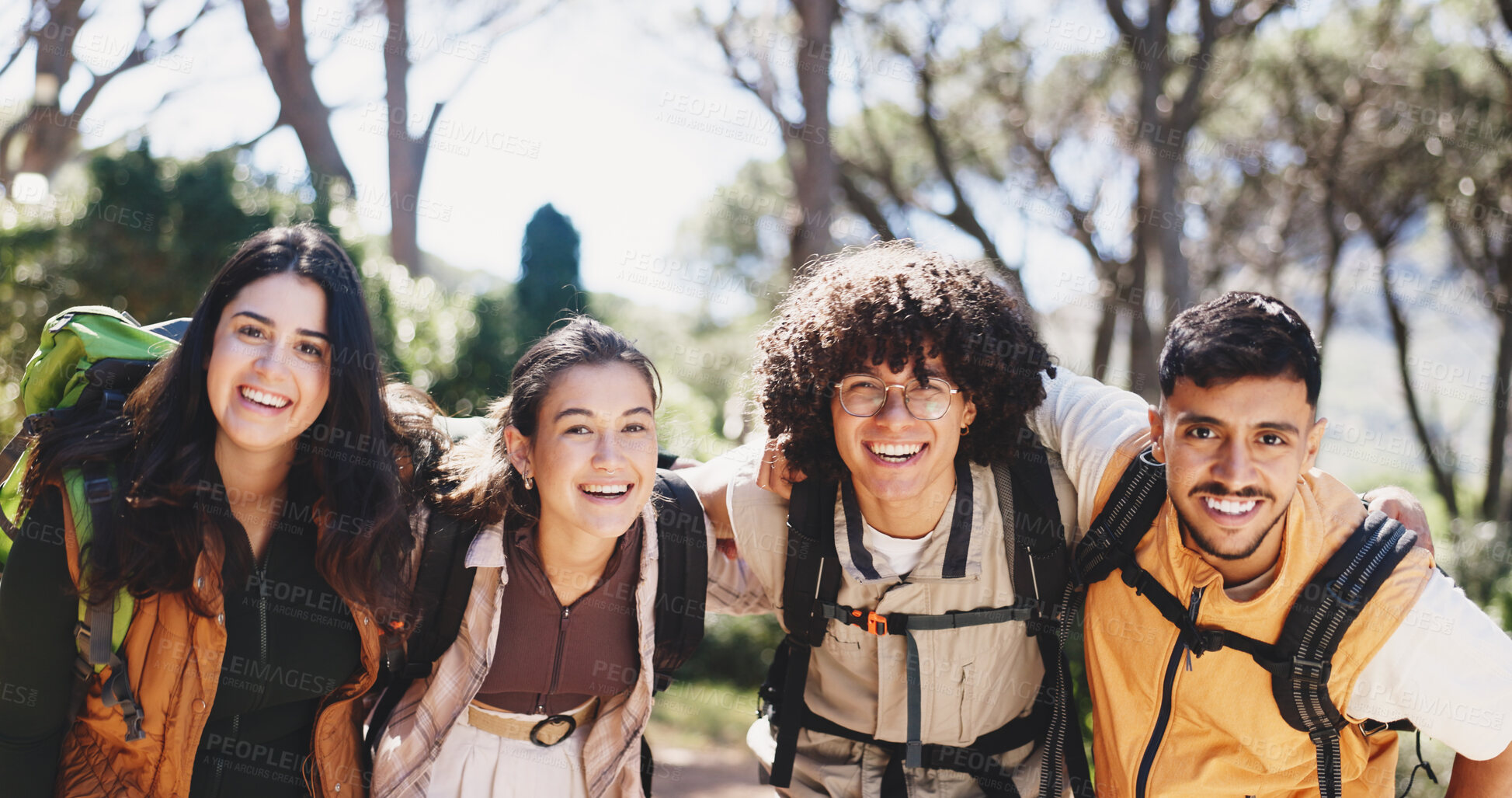 Buy stock photo Portrait, hiking and happy people in forest, fitness and hobby for health benefits. Friends, men and women in woods, training and embrace for support, motivation and wellness with journey and explore