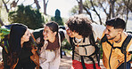 Smile, people and hug for hiking outdoor for fitness, adventure and bonding on holiday. Happy, friends and embrace for backpacking getaway, trekking reunion and group support for vacation in forest