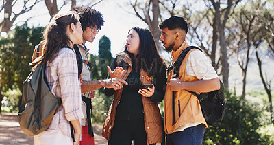 Buy stock photo Stress, friends or talk with phone for hiking, route navigation or discussion for trekking trail choice. Lost outdoor, path decision or people with argument for backpacking journey, worry and mobile