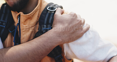 Buy stock photo Hand, hiking and man in forest, shoulder pain and muscle tension with inflammation. Outdoor, hiker and person with fitness, anatomy problem and wellness with ache, strain and travel with health risk