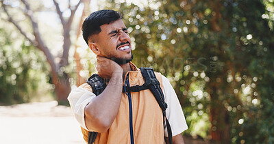 Buy stock photo Hiking, neck pain and man with injury in forest, accident or inflammation with muscle tension. Trekking, travel and hurt person in woods with health risk, fibromyalgia and joint strain with bokeh