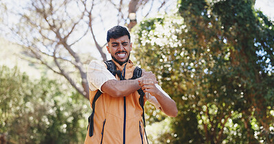 Buy stock photo Fitness, hiking and man in forest, shoulder pain or muscle tension with inflammation. Outdoor, hiker or person with joint injury, anatomy problem or wellness with ache, strain or travel with pressure