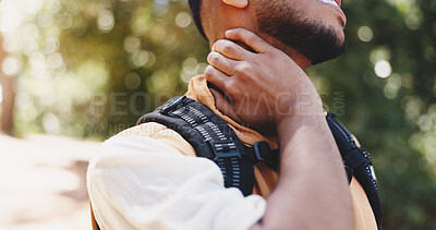 Buy stock photo Hiking, neck pain or hand of man with injury in forest, accident or inflammation with muscle tension. Trekking, travel or hurt person outdoor with health risk, fibromyalgia or joint strain with bokeh