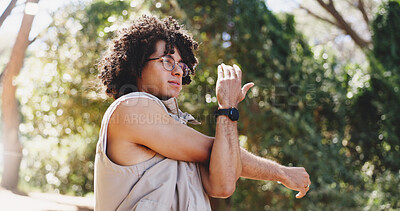 Buy stock photo Nature, fitness and man with stretching for hiking, warm up routine and prepare for trekking exercise. Getting ready, wellness practice and person with workout for health, outdoor training and active