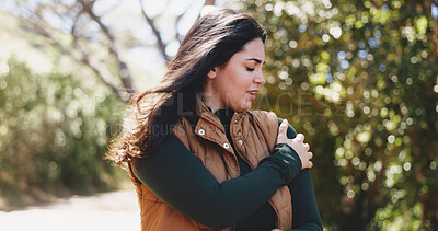 Buy stock photo Fitness, hiking and woman in woods, shoulder pain or muscle tension with health risk. Outdoor, hiker or person with exercise, anatomy problem or wellness with ache, strain or travel with inflammation