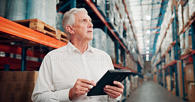 Buy stock photo Thinking, man and inspection with tablet at warehouse for logistics, stock check and supply chain. Mature person, digital and search for package in storage, inventory management and idea for shipping