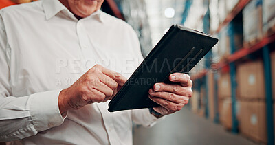 Buy stock photo Businessman, hands or warehouse with tablet for logistics, inventory checklist or quality assurance. Closeup, man or distributor scrolling with technology for stock check, shipping or storage control
