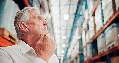 Buy stock photo Thinking, mature man and logistics manager in warehouse with planning for shipping, cargo or freight. Ideas, decision and male supply chain worker with choice for order distribution from below,