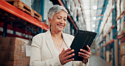 Buy stock photo Smile, woman and reading with tablet at warehouse for logistics, stock check and supply chain. Mature person, digital and research on quality assurance, inventory management and distribution schedule