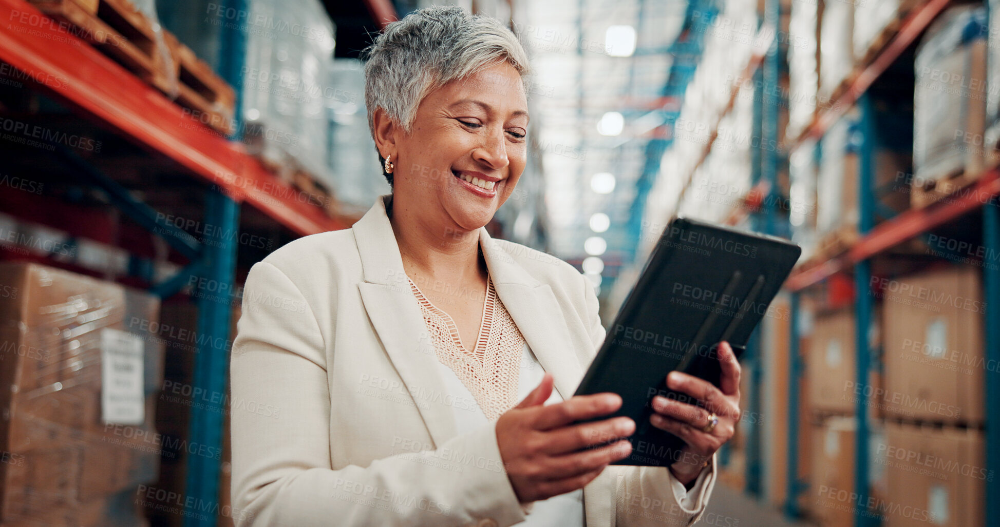 Buy stock photo Happy, woman and reading with tablet at warehouse for logistics, stock check and supply chain. Mature person, digital and research on quality assurance, inventory management and distribution schedule