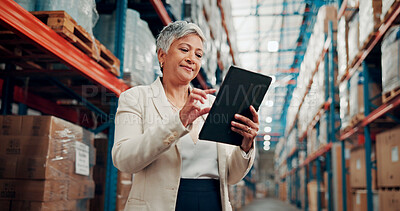 Buy stock photo Supply chain, tablet and woman in warehouse, internet and online reading for shipping schedule. Mature person, employee in factory, tech and digital app for inventory management, network or logistics
