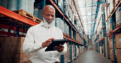 Buy stock photo Black man, reading and inspection with tablet at warehouse for logistics, stock check and supply chain. Mature person, digital and research on quality assurance, inventory management and distribution