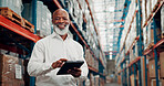 Tablet, black man and portrait of logistics manager in warehouse with online order confirmation. Happy, digital technology and mature African supply chain worker with pride for shipping business.