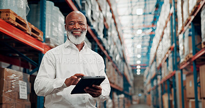 Buy stock photo Tablet, black man and portrait of logistics manager in warehouse with online order confirmation. Happy, digital technology and mature African supply chain worker with pride for shipping business.