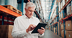 Man, reading and inspection with tablet at warehouse for logistics, stock check and supply chain. Mature person, digital and research on package pricing, inventory management and shipping information