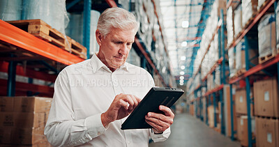 Buy stock photo Man, reading and inspection with tablet at warehouse for logistics, stock check and supply chain. Mature person, digital and research on package pricing, inventory management and shipping information