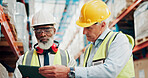Businessmen, warehouse and logistics with tablet for inventory, shipping or supply chain control. Men, employees or checking stock on technology for distribution or quality assurance in storage depot
