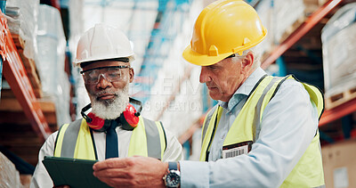 Buy stock photo Businessmen, warehouse and logistics with tablet for inventory, shipping or supply chain control. Men, employees or checking stock on technology for distribution or quality assurance in storage depot