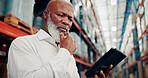 Thinking, black man and logistics manager with tablet in warehouse with planning for shipping. Ideas, technology and mature African male supply chain worker with choice for distribution from below.