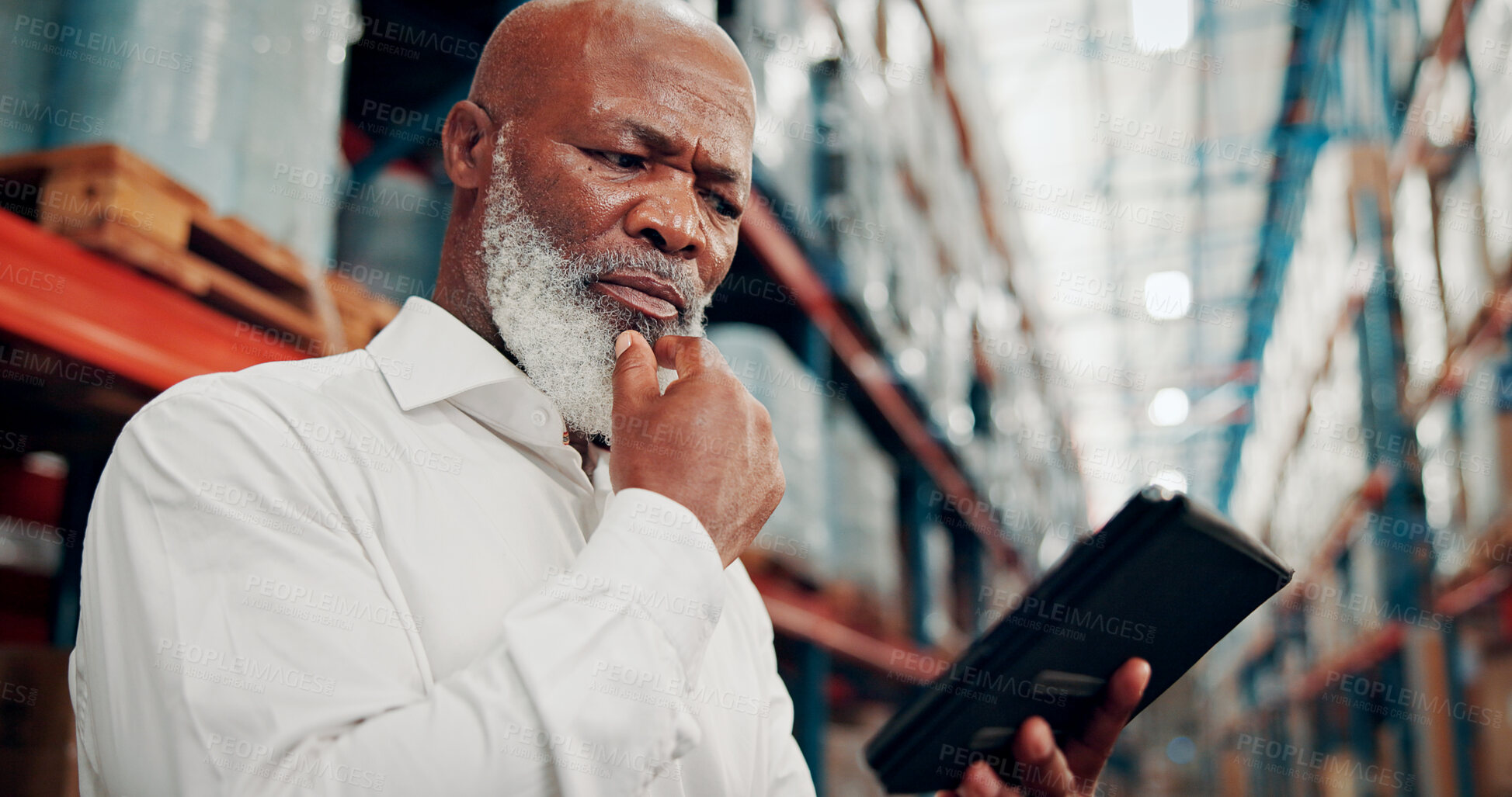 Buy stock photo Thinking, black man and logistics manager with tablet in warehouse with planning for shipping. Ideas, technology and mature African male supply chain worker with choice for distribution from below.
