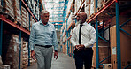 Discussion, men or manager in storage warehouse for planning, inventory inspection or shipment integrity. Depot evaluation, talk or mature supervisor with shelf efficiency idea, logistics or delivery