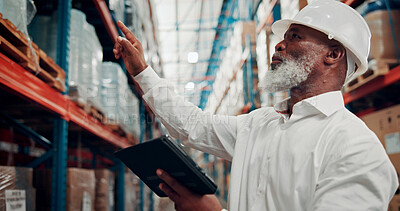 Buy stock photo Black man, counting and inspection with tablet at warehouse for logistics, stock and supply chain. Mature person, digital and search for package in storage, inventory management and shipping schedule