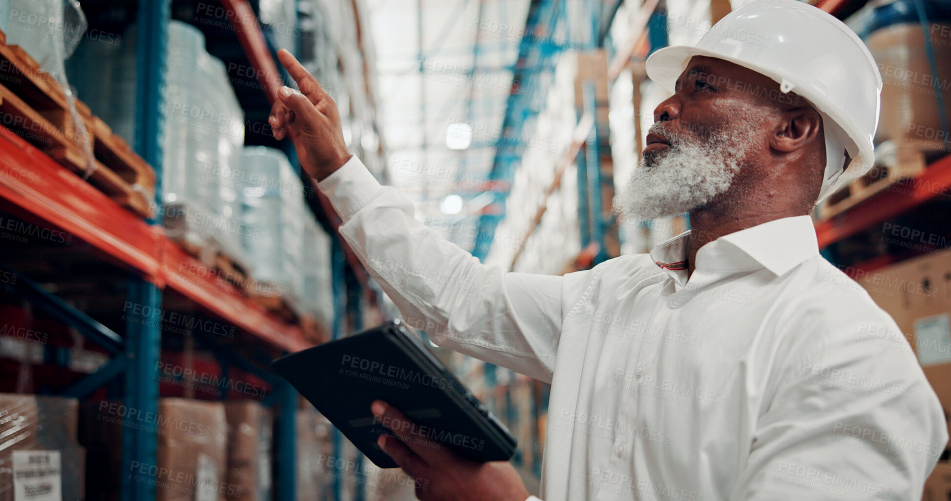 Buy stock photo Black man, counting and inspection with tablet at warehouse for logistics, stock and supply chain. Mature person, digital and search for package in storage, inventory management and shipping schedule
