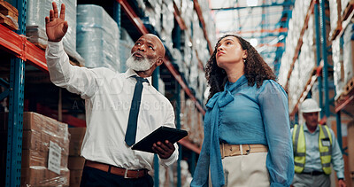 Buy stock photo Discussion, people or manager with tablet in warehouse, inventory inspection or shipment integrity. Depot evaluation, tech or logistic supervisor team with shelf efficiency plan, below or box storage