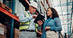Reading, people or supervisor with tablet in warehouse, inventory inspection or shipment schedule. Depot evaluation, tech or logistic manager team with distribution feedback, below or freight agenda