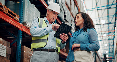 Buy stock photo Reading, people or supervisor with tablet in warehouse, inventory inspection or shipment schedule. Depot evaluation, tech or logistic manager team with distribution feedback, below or freight agenda