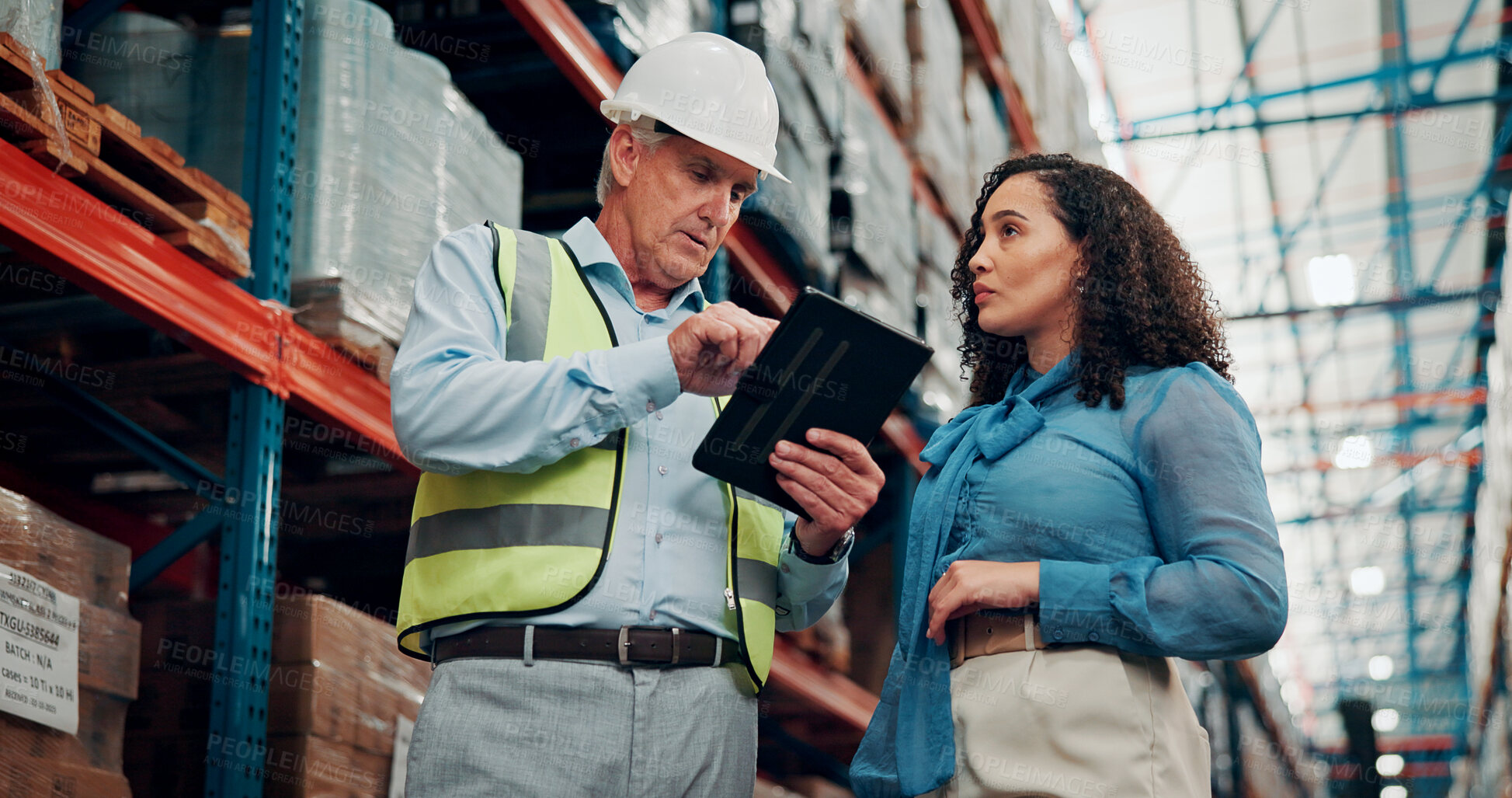 Buy stock photo Reading, people or supervisor with tablet in warehouse, inventory inspection or shipment schedule. Depot evaluation, tech or logistic manager team with distribution feedback, below or freight agenda