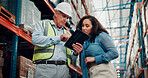 Reading, people or manager with tablet in warehouse, inventory inspection or shipment schedule. Depot evaluation, tech or logistic supervisor team with distribution feedback, below or freight agenda