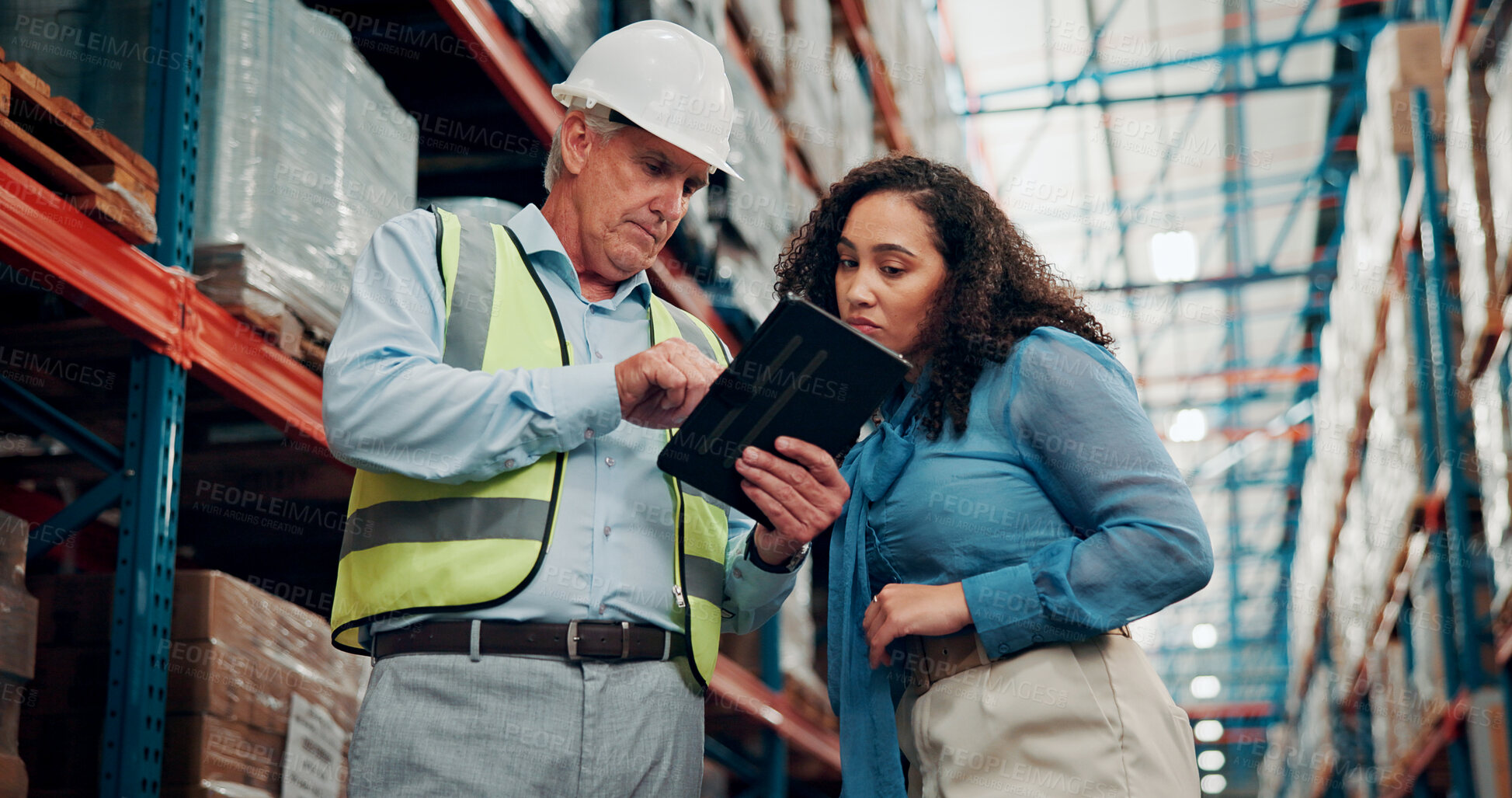 Buy stock photo Reading, people or manager with tablet in warehouse, inventory inspection or shipment schedule. Depot evaluation, tech or logistic supervisor team with distribution feedback, below or freight agenda